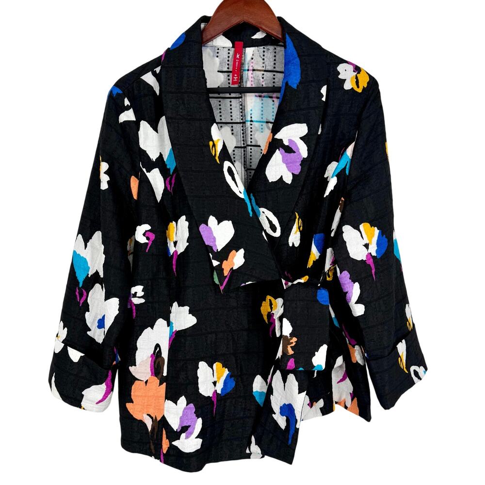 IC by Connie K XL Black Tropical Floral Jacket Wearable Art Blouse Shirt Top